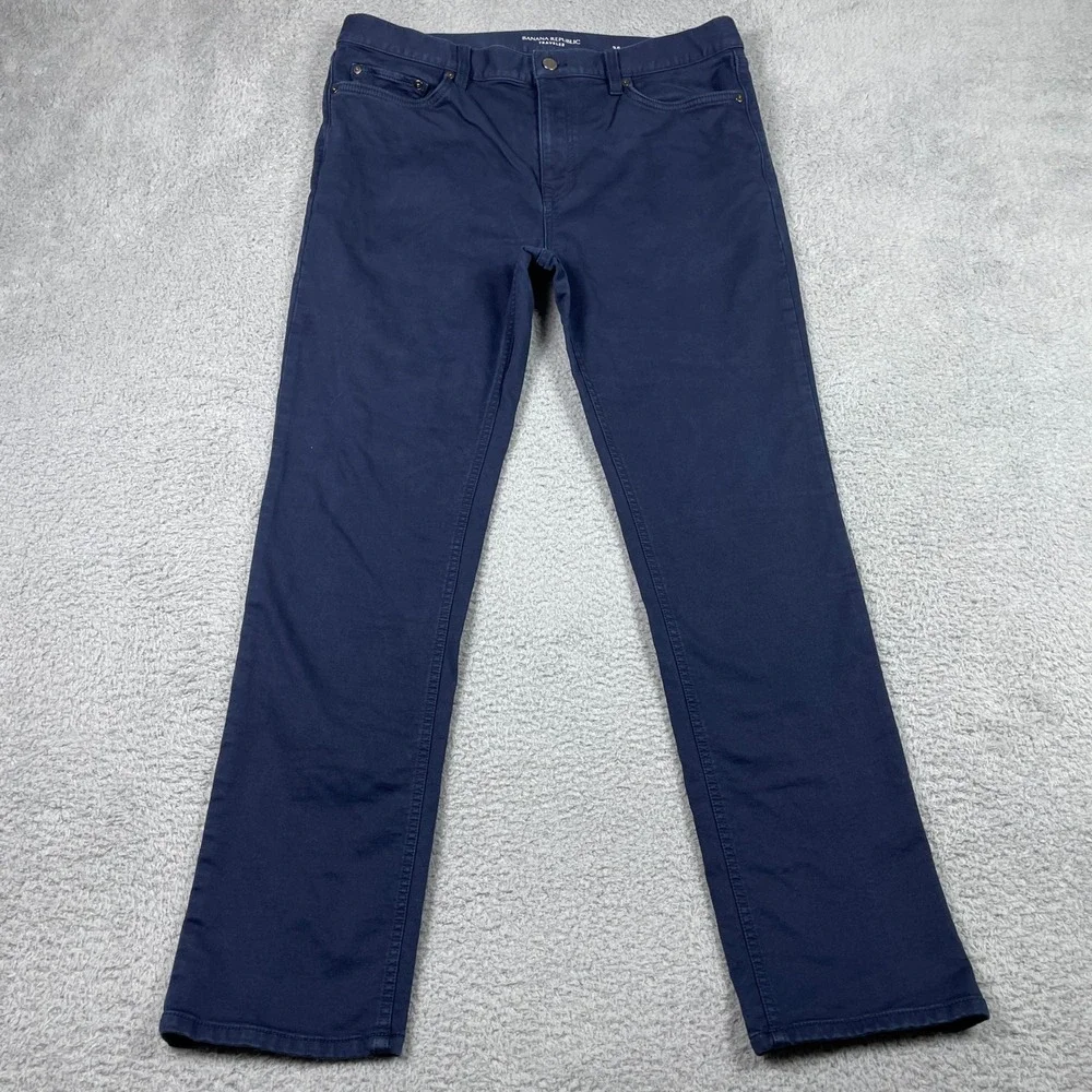 Banana Republic Slim Traveler Pants Mens 35x32 Navy Blue Stretch Preppy Business